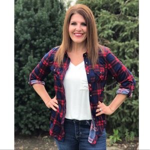 Navy & Red Plaid Button Down Top